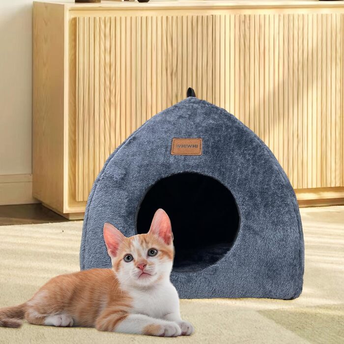 Кішка-будиночок для дому: затишне ліжко-печера для котів з м'яким знімним подушкою, 40x40x35 см, темно-синій