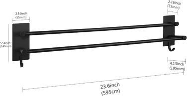 Тримач для рушників на стіну без свердління, нержавіюча сталь SUS304, 3 стійки, 2 гачки, чорний, 60 см