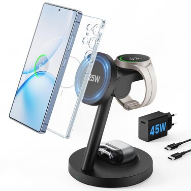 Зарядна станція JoyGeek 4-в-1 з магнітною індуктивною зарядкою 25W для Samsung Galaxy S26/S25/Ultra/Z Fold/Flip 7, бездротова зарядка для Galaxy Watch 8/5/Ultra та Buds 4/2/Pro (чорна)