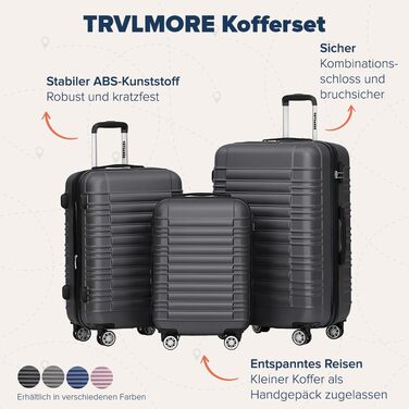 Набір валіз TRVLMORE 3 шт. з жорсткого пластику: маленька, середня, велика сіра валіза для подорожей, ручна валіза 55x40x20 см