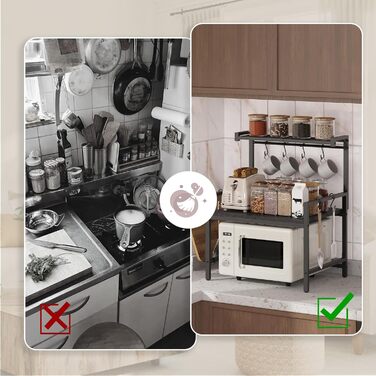 Поличка для мікрохвильової печі, кухонна поличка, 2 яруси, з підставкою для обробної дошки, органайзер з 8 гачками, чорний, ABRBN5301