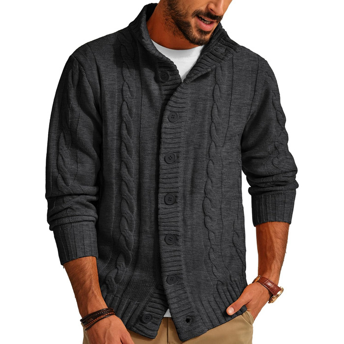 Чоловічий кардиган PJ PAUL JONES з в'язаним візерунком, на кнопках, з ребристою стійкою комірцем для осені/зими (XL, чорно-сірий)
