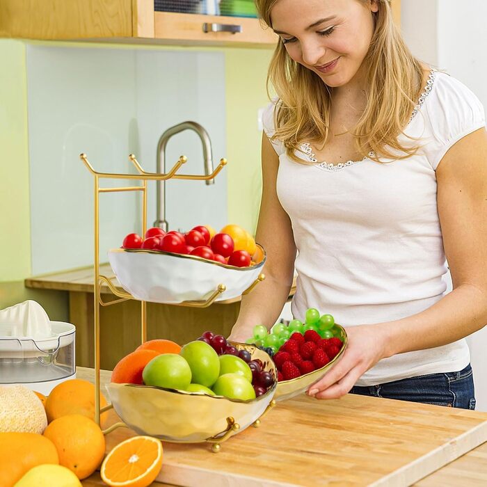 Керамічна фруктова миска для кухонного столу, 3-ярусна, з металевим підставкою, розсортована полиця для стільниці, сучасна миска для подачі їжі на вечірку, десерти, овочі, закуски, невелика