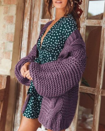 Кардиган Cicy Bell Daen з в'язаного полотна, оверсайз, з довгими рукавами-ліхтариками, оливковий (M, фіолетовий)