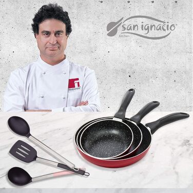 San Ignacio PK125 Set: Pressed Aluminum Frypans - Ø 16, 20, and 24 cm. 3-Piece Frying Pan Set, Aluminum, Black (Set + Accessories)