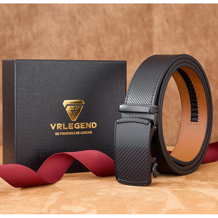 Чоловічий шкіряний ремінь VRLEGEND з автоматичною застібкою (ратинг) без дірок для ділового костюма, регульований розмір, з подарунковою коробкою, чорний