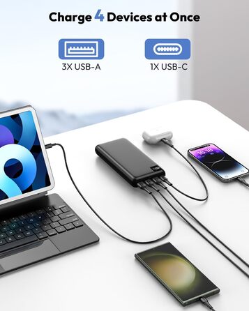 Power Bank SOARAISE 27000mAh з LED-дисплеєм: зарядний акумулятор для телефону та планшета, 4 виходи, USB-C, чорний