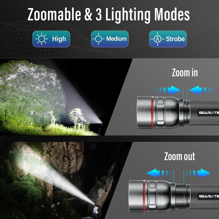 Ліхтар LED Gearlite перезарядна, 1000 люмен, 3 режими, зумування, водонепроникний IP65, для кемпінгу та активного відпочинку (сірий)
