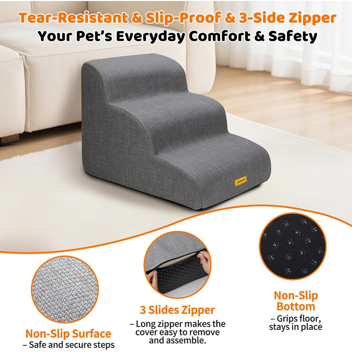 Сходинка для собак Gimars 30D з широкою сходинкою, 3 ступені, 40 см, знімний чохол та антиковзаюче покриття. Підходить для малих собак до дивану, ліжка, авто.