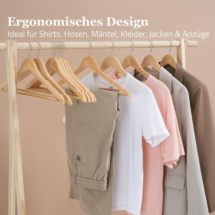 Набір дерев'яних вішалок 20 шт. – Преміум вішалки з масиву дерева з перекладиною для штанів, затискачами та 360° гачком для костюмів, сорочок та курток