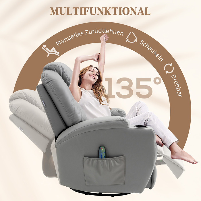 HOMCOM Electric TV Recliner Chair, Weight Capacity 150 kg, Stressless Recliner with Lie-Flat Function, Faux Leather, Light Grey