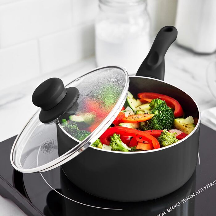 Набір кухонного посуду GreenLife Essentials 10 предметів: здорові антипригарні сковороди та каструлі з керамічним покриттям, без PFAS та PFOA, придатний для миття в посудомийній машині, рівномірний нагрів, чорний