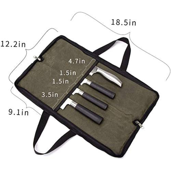 QEES 4-Compartment Knife Storage Case, Knife Pouches for Small Kitchen Knives, Chef's Knife Bag, Kitchen Tool Bag for Kitchen Knife Set (Army Green)