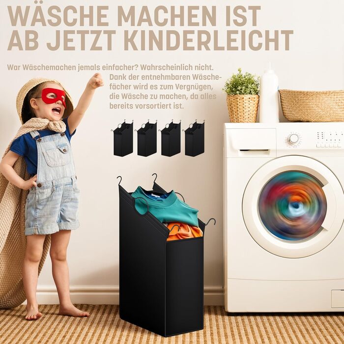 KESSER® Laundry Basket, Laundry Collector, Laundry Sorter with 4 Removable Fabric Bags | 4 Compartments x 35 Liters | Laundry Box with 12 Laundry Instructions, 360° Swivel Wheels with Brake, Laundry Sorting System, Laundry Cart, Black