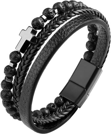 Чоловічий браслет Dochais: нержавіюча сталь, шкіряний ремінець, хрест Ісуса Христа, плетіння з натурального каменю, магнітна застібка, чорний, 21 см