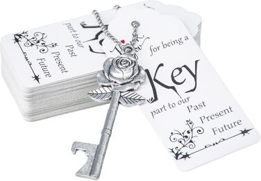 Aokbean 100 Pieces Wedding Key Bottle Opener Rose Shape Vintage Rustic Cake Accessories Suitable as a Gift for Guests with Thank You Card and Chain (Antique Silver)