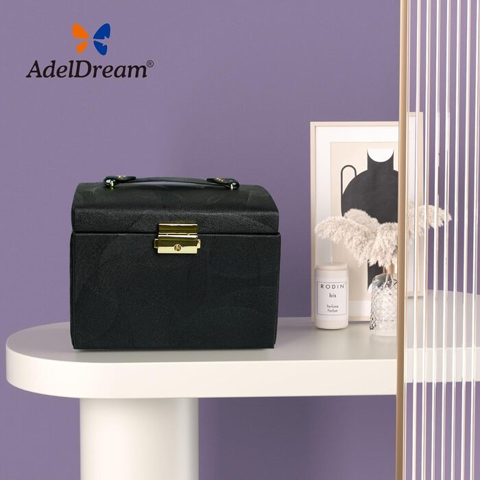 Скринька для прикрас ADEL DREAM з замком, 3 яруси, 2 шухляди, дзеркало для кілець, сережок, намист та браслетів, колір шампань-білий (Pan Seide Schwarz)
