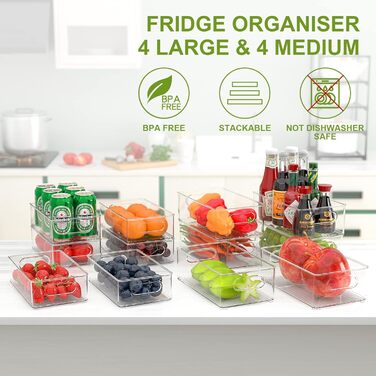 FINEW Refrigerator Organizer 12-Piece Set (4 Small, 4 Medium, 4 Large), Stackable Refrigerator Containers, Transparent Storage Boxes for Kitchen, Pantry, Cabinets, Sink, Bathroom - BPA Free (8 PCS - 4 Medium / 4 Large)