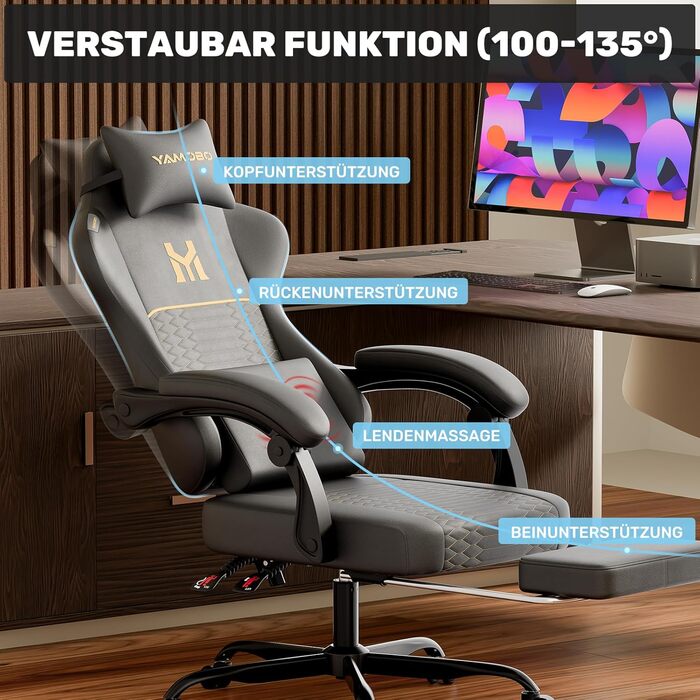 Геймерське крісло Ergonomisch з підлокітниками, підставкою для ніг, підтримкою попереку та голови, регульованою висотою, оббивка PU, сіре (P-black)
