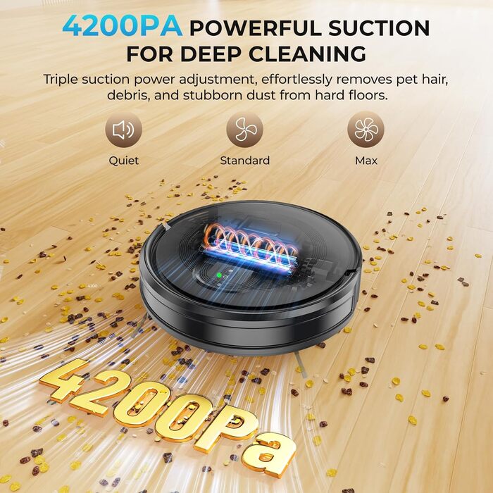 Робот-пилосос з функцією миття, 4200Pa, 130 хв роботи, для високих порогів, гладких поверхонь та тиха робота, система захисту від заплутування, керування через додаток/Alexa/Wi-Fi, для шерсті тварин, килимів та підлоги, чорний