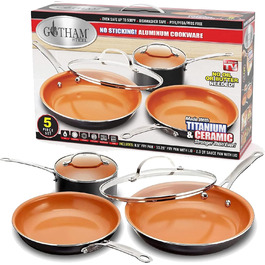 Gotham Steel 5-Piece Kitchen Essentials Cookware Set with Ultra Non-Stick Copper Coating, Dishwasher Safe, Cool-Touch Handles - Includes Frying Pans, Stock Pot, and Glass Lids