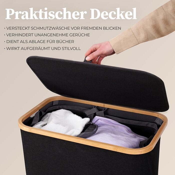 HENNEZ Laundry Basket with Lid, 2 Compartments, Slim Laundry Basket, Black, 141L Laundry Bag - Laundry Sorter, Anthracite Laundry Box, Laundry Bin, Black Laundry Collector with Lid, Laundry Chest, Dark Laundry Baskets