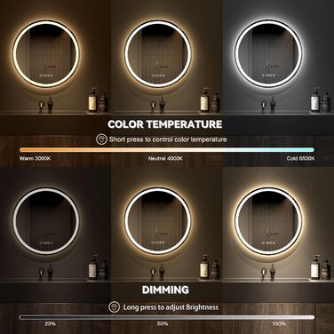 Дзеркало для ванної кімнати Dripex круглої форми з підсвічуванням LED, сенсорне керування, регулювання яскравості, 3 кольори світла, запобігання запотіванню, 60x60 см
