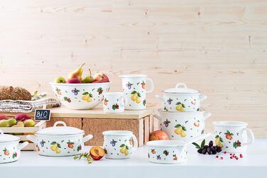 Riess, 0337-068, Kitchen Measuring Cup 9 0.5 L, COUNTRY - FRUIT GARDEN, Diameter 9 cm, Height 12.0 cm, Capacity 0.5 Liters, Enamel, white with fruit decoration, Induction