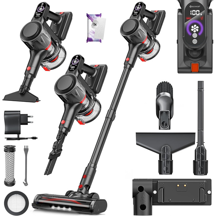 Бездротовий акумуляторний пилосос KESSER® з LED дисплеєм, до 60 хв роботи, тихий, без мішка, з антинамотувальною щіткою, HEPA фільтр, для твердих поверхонь та килимів, з аромадиском, чорний/червоний