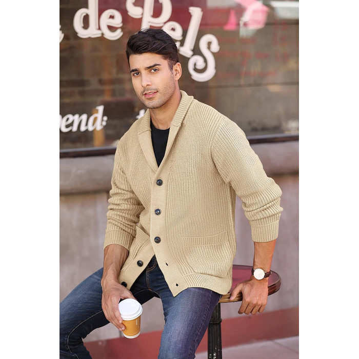 Чоловічий кардиган Runcati з грубого в'язання, великий розмір L, з коміром-шарфом, на ґудзиках, стильний пуловер, хакі