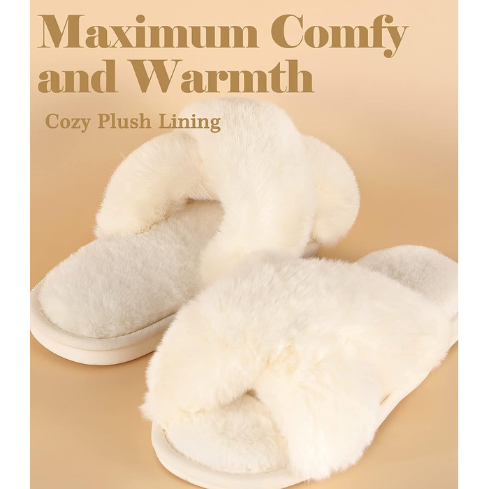 Тапочки жіночі Ankis з плюшу, теплі зимові, з перехресними ремінцями, з піною з пам'яті, відкриті пальці, жіночі пухнасті тапочки для дому та вулиці (білий, чорний, сірий, рожевий, верблюжий) 36/37 EU Білий