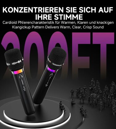 Бездротовий мікрофон з LED-підсвіткою, подвійний, акумуляторний, караоке, чорний