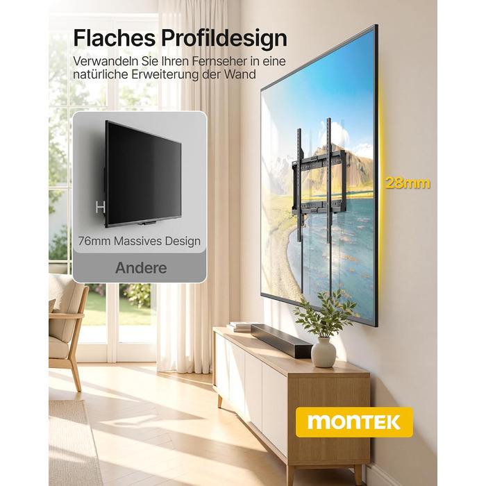 Настінний кронштейн для телевізора monTEK Ultra Flach (37-86 дюймів), до 75 кг, VESA 600x400мм, фіксований, для бетонних та дерев'яних стін