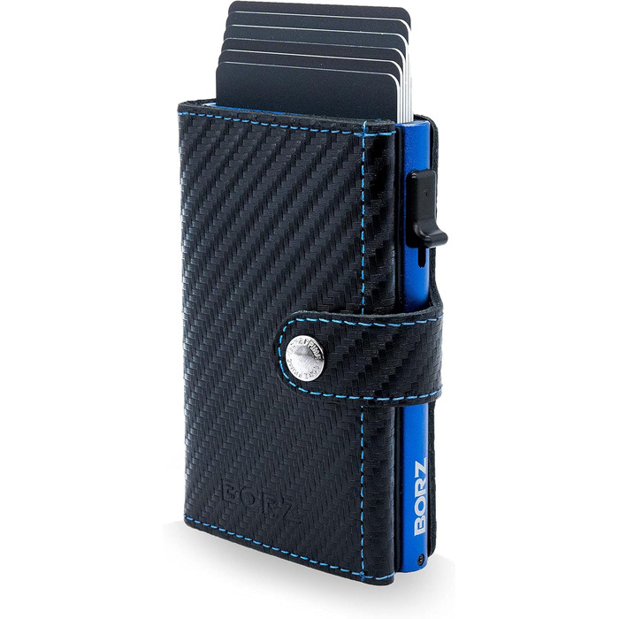 Кришка-чохол для AirTag з відділенням для монет BORZ Prime Limited, RFID захист, Slim Wallet (Carbon Leather, Blue)