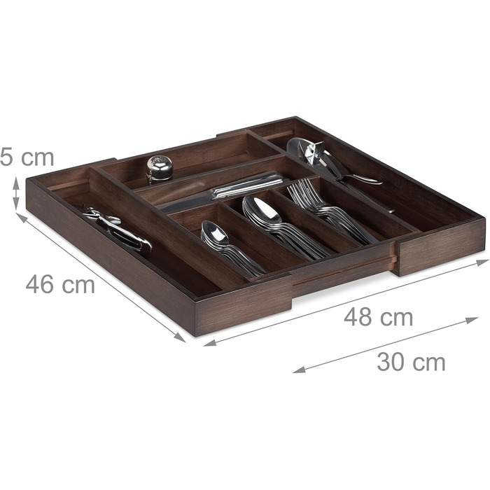 Relaxdays Cutlery Drawer Organizer, Pull-Out, Variable Width, 5-7 Compartments, Bamboo Organizer, HBT: 5x48x46cm, dark brown