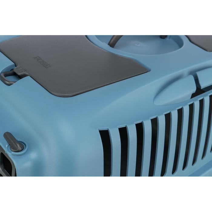 Транспортний бокс TRIXIE Capri 2 – XS-S: 34×31×55 см, сірий/блакитний. Для собак до 8 кг. З металевою дверцятами та ґраткою зверху.