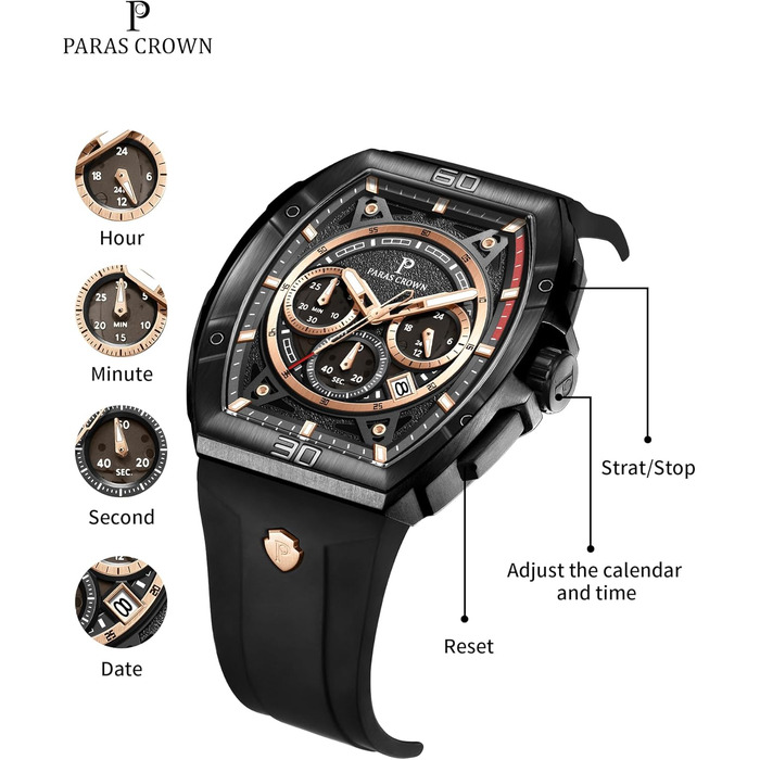 Чоловічий годинник-хронограф на кварцовому механізмі з японським годинниковим механізмом, 5ATM, корпус з нержавіючої сталі, ремінець з силікону (чорний)