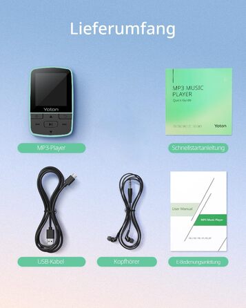 MP3-плеєр YOTON з Bluetooth 5.2, Hi-Fi звук, FM-радіо, диктофон, регулятор гучності, навушники, підтримка SD до 128 ГБ (М'ятний)