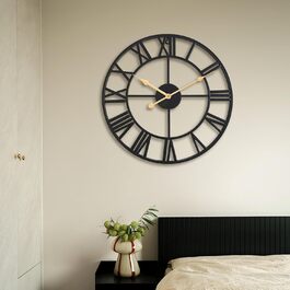 ACCSHINE Large Wall Clock No Ticking Noise Silent Roman Numeral Quartz Battery Operated Wall Clock Easy to Read for Living Room Kitchen Bedroom Office School (Black+Gold, 50cm)