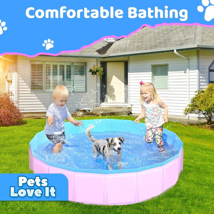 80x20 cm Foldable Dog Pool – Collapsible Plastic Hard Pool for Dogs and Children, Non-Slip Pet Bathtub for Outdoor Use in the Garden, Lightweight and Portable (Pink, 220x30cm)
