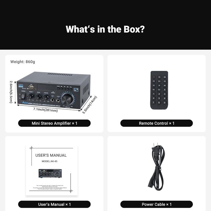 NEOHIPO HiFi-усилювач AK45 Mini, Bluetooth стерео аудіоусилювач 400Вт, 2-канальний, цифровий, з FM-радіо, SD/USB, для дому або авто, чорний