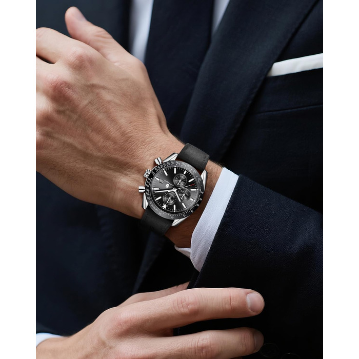 Годинник чоловічий BENYAR Quarz Chronograph з датою, водонепроникний, чорний ремінець/чорне циферблат/сріблясте корпус, для повсякденного та ділового стилю