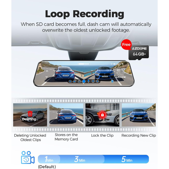 Dashcam AZDOME PG17 4K: Дзеркало заднього виду з відеозаписом, WiFi, GPS, нічне бачення, голосове керування, 64GB карта в комплекті