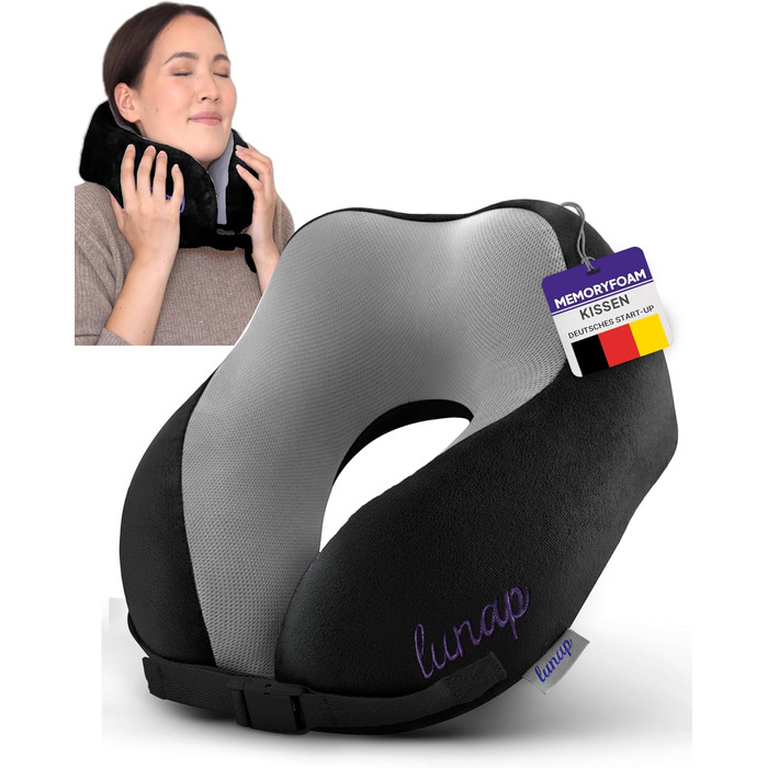 Подушка для шиї Luna Nackenkissen Flugzeug: Memory Foam, дихаюча, для подорожей, чорна. Подушка для шиї в літак, авто, для дорослих. Зручна та миюча.