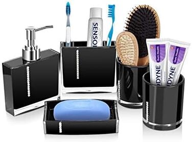 5-Piece Bathroom Accessories Set, Bathroom Dispenser Set includes lotion bottle, toothbrush holder, tray, 2 rinsing cups (black)