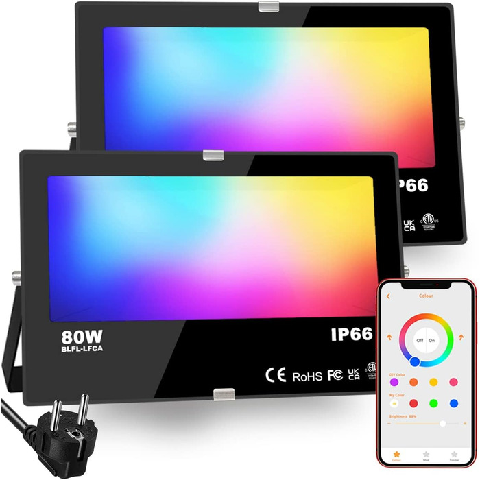 Outdoor RGB LED Spotlight, Color Changing 80W, DIY Strobe Mode, RGB LED Floodlight, Timer, Bluetooth, IP66 Waterproof