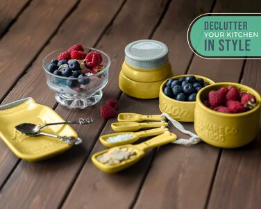 Comfify Vintage Kitchen Set - Multi-Piece Kitchen Ceramic Decor Set with 4 Measuring Cups, 4 Measuring Spoons, and Spoon Rest - Attractive Vintage Yellow - Embossed Ceramic
