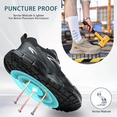 Черевики робочі чоловічі/жіночі S3 Explorer 3.0, легкі, дихаючі, зі сталевим підноском, швидкозастібання, чорні (40 EU)