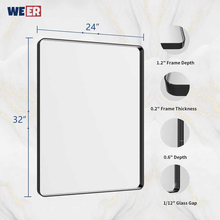 Дзеркало для ванної кімнати WEER, 61x81 см, чорний металевий каркас, матове скло, закруглені кути