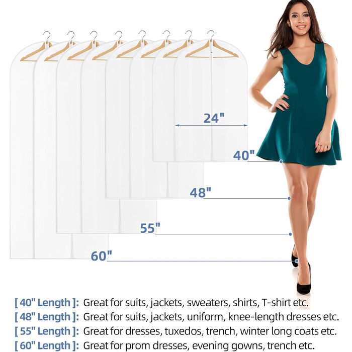 Прозорі мішки для одягу на вішалку, 101.6 см, 5 шт. - мішки для костюмів, органайзери для шафи, водонепроникні, з блискавкою